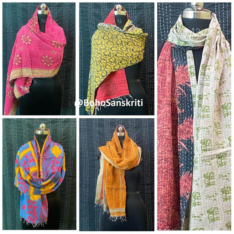 Vintage Cotton Kantha Scarf Set: Bohemian Reversible Stoles, Handmade image 8
