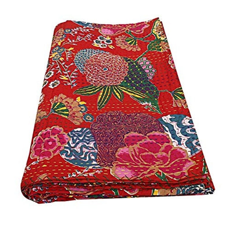 Handmade Red Paisley Print Bedding Blanket Reversible Bed Cover Quilt Cotton Bedspread Quilt Kantha Twin Size Coverlets Decorative Comforter