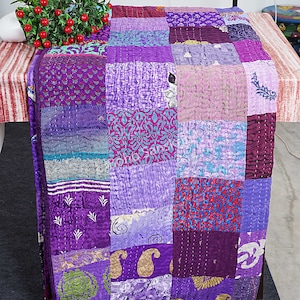 Cobertor de retalhos de sari indiano reciclado colcha Kantha artesanal vintage