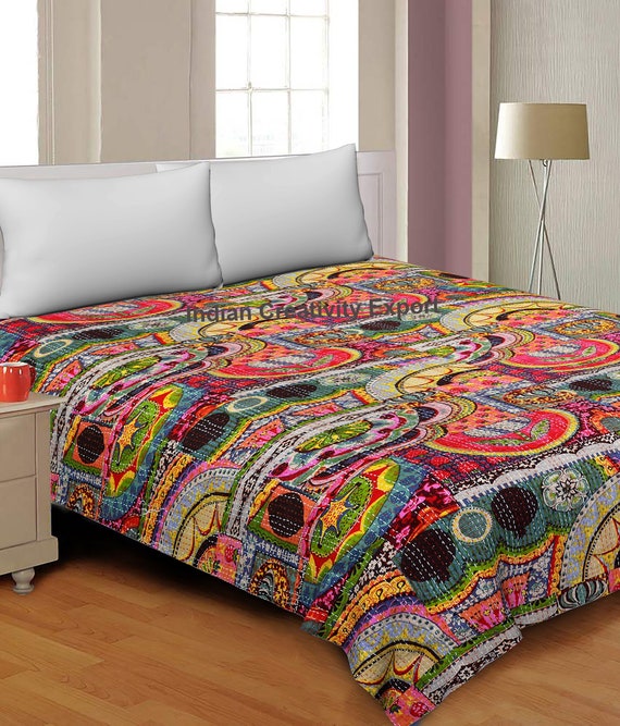 Indian Handmade Stitched Cotton ORANGE Frida Print Kantha Quilt Boho Bedding Bedspread Bed Cover Bohemian Hippie King Size Blanket