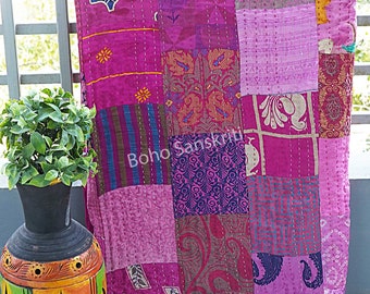 Vintage Patchwork Kantha Quilt: Indian Patola Silk, Handmade Boho Bedspread