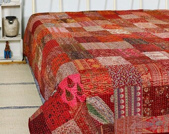 Coverlet Patchwork Throw Indian Blanket Vintage Throw Bedspread Vintage Patchwork Kantha Embroidery Reversible Quilt