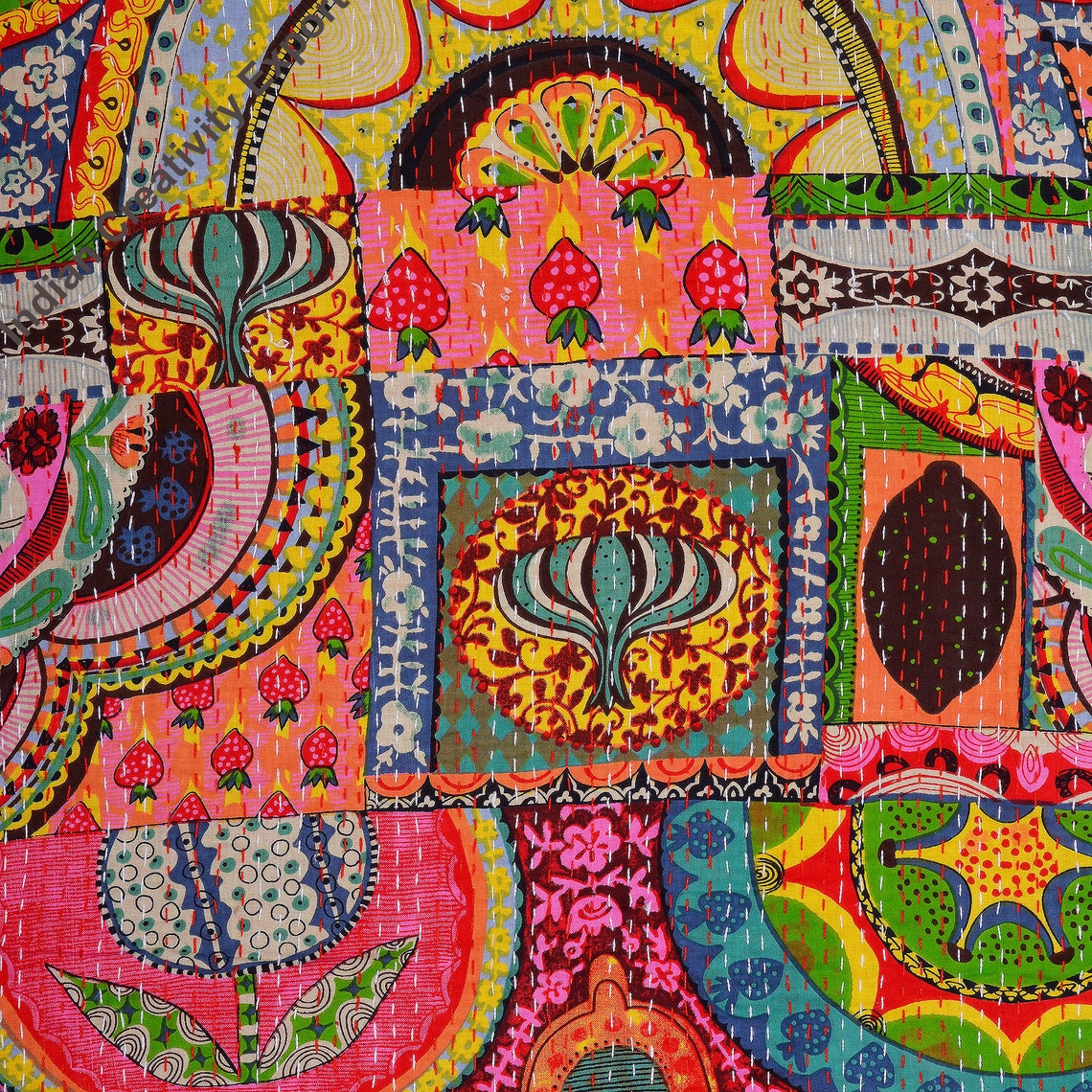 Kantha Quilt 100cotton Indian Quilt Handmade Stitched Etsy