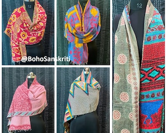 Szalik Kantha w stylu vintage: ręcznie robiony bawełniany szal w stylu boho hippie