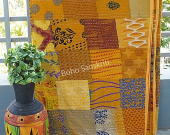 Couverture Kantha vintage en patchwork de sari en soie - Couvre-lit indien fait main pour lit Queen