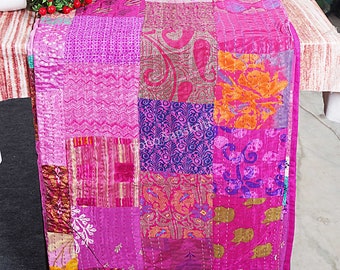 Indian Patola silk handmade kantha quilt, kantha Vintage sari blanket, throws, queen size blanket, bed spreade, bed sheets, rustic, boho
