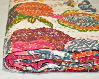Handmade Queen Crown Mukut QuiltIndian Kantha BedcoverInsomnia BlanketCotton bed throwOrganic beddingCoverlet QueenFloral bedspread