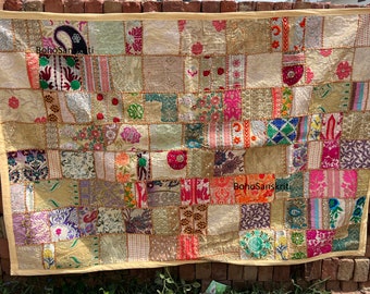 Indian vintgae handmade wall tapestry boho tapestry | bohemian hippie wall decor - yoga room decor | handmade saree patchwork wall hanging