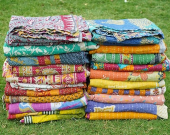 Couette kantha faite main vintage, couvre-lit bohème en tissu sari recyclé