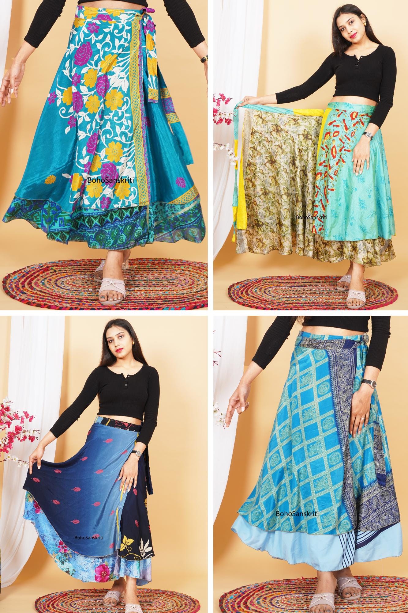 Vintage Art Silk Sari Wrap Skirt, Handmade Reversible Long Skirt