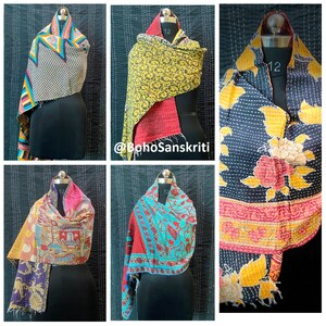 Vintage Cotton Kantha Scarf Set: Bohemian Reversible Stoles, Handmade