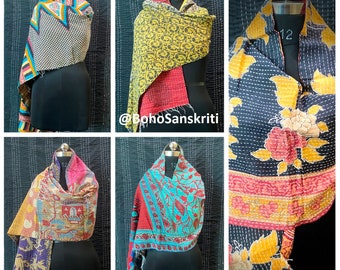 Conjunto de bufandas Kantha de algodón vintage: estolas reversibles bohemias, hechas a mano