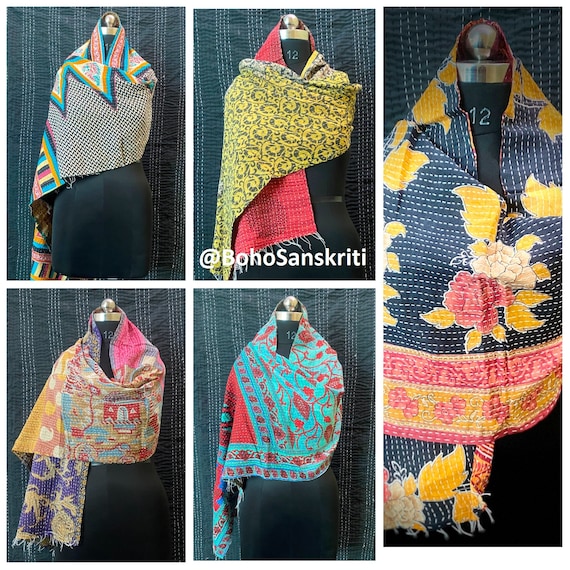 Vintage Cotton Kantha Scarf Set: Bohemian Reversible Stoles, Handmade