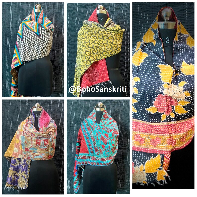 Vintage Cotton Kantha Scarf Set: Bohemian Reversible Stoles, Handmade image 1