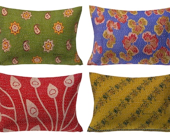 Vintage Kantha Pillow Cover 16x24, Assorted Colors, Handmade Cotton Cushion