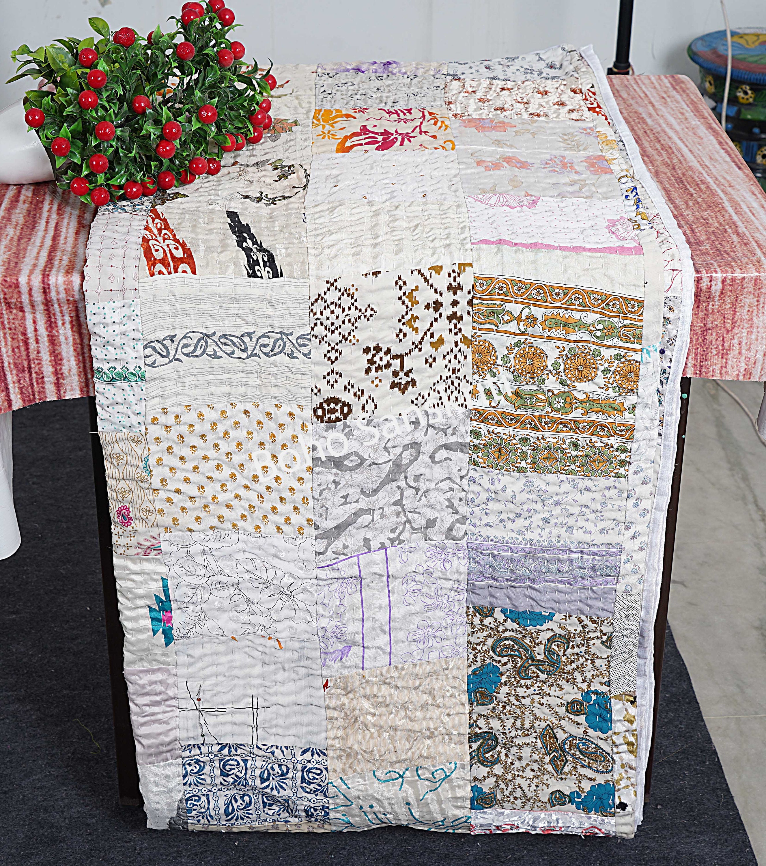 Copriletto Indiano Kantha Patchwork - Trapunta Vintage Handmade, Cotone, 215x140 Cm