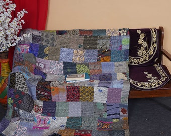 Bohemian Kantha Quilt: Vintage Patchwork Bedspread