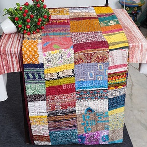 PATCHWORK KANTHA QUILT Indian Vintage Throw Blanket Bedcover  Silk Handmade Bohemian Coverlets Queen Twin size Bedspread Quilts For Sale