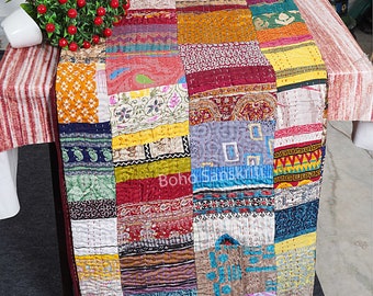 PATCHWORK KANTHA QUILT Indian Vintage Throw Blanket Bedcover  Silk Handmade Bohemian Coverlets Queen Twin size Bedspread Quilts For Sale