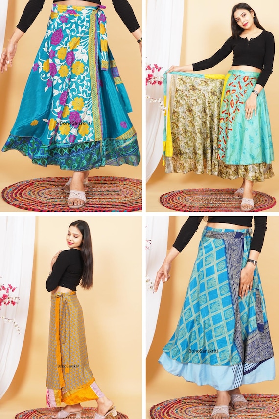 Vintage Art Silk Sari Wrap Skirt, Handmade Reversible Long Skirt