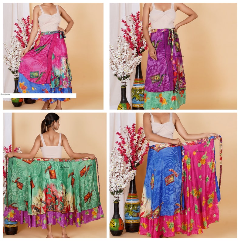 Sale On Indian Reversible Silk Women Wrap Skirt Free Size Art Silk Sari Double Layer With Tie Long Skirt Handmade Vintage Boho Maxi Skirts zdjęcie 5