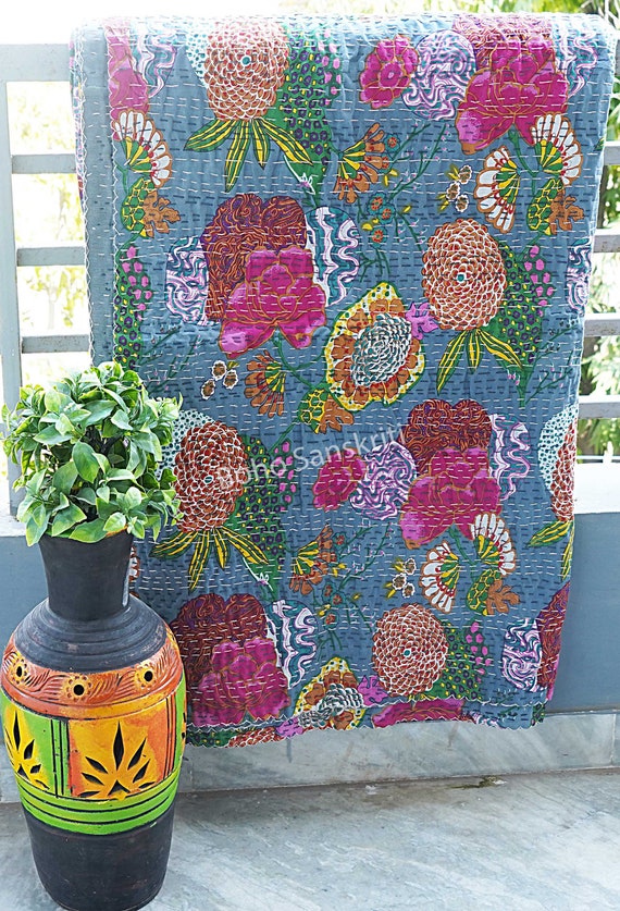 Indian Reversible Quilt Cotton kantha Quilt Handmade Block Print Quilt Floral Print indian Cotton Quilt