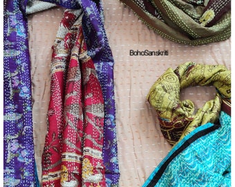 Wholesale Lot, Vintage Silk Kantha Scarf, Handmade Reversible Shawl