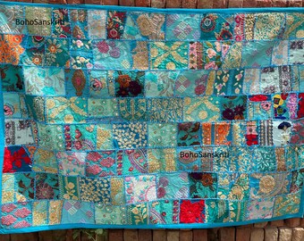 Tapisserie indienne vintage en patchwork : décoration murale bohème brodée (25 x 50) - France