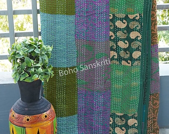 Recycled Indian Sari Silk  Patchwork Blanket,Handmade Vintage Kantha Quilt