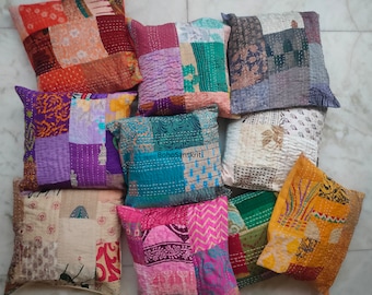 Indian Silk Patchwork Cushion Cover Boho Vintage Pillow
