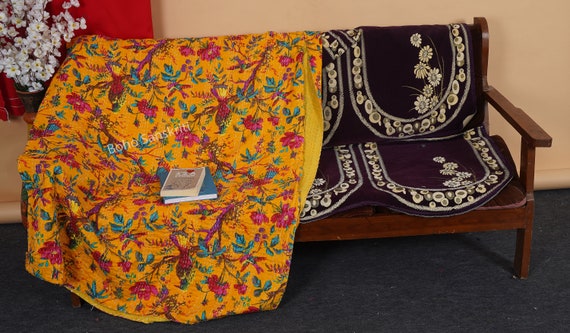 Indian  new design Twin Gudri Handmade Quilt New Bird of floral Print Kantha Spread Throw Cotton Blanket Bed Cover