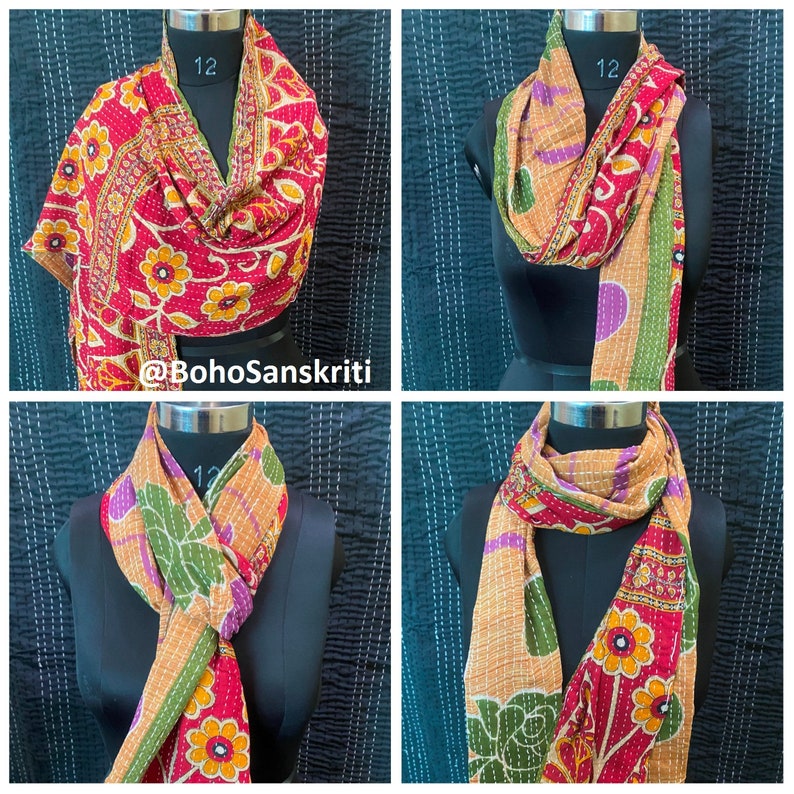 Vintage Cotton Kantha Scarf Set: Bohemian Reversible Stoles, Handmade image 6