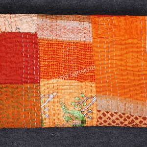 Bohemian Indian Silk Patchwork Kantha Quilt Boho Throw Blanket Bedspread Quilting Bedding Hippie Comforter Queen Handmade Quilts Vintage Orange