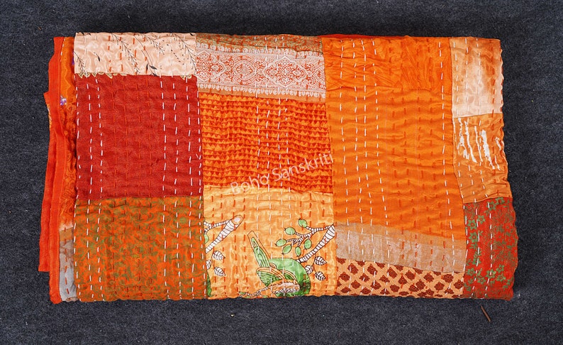 Bohemian Indian Silk Patchwork Kantha Quilt Boho Throw Blanket Bedspread Quilting Bedding Hippie Comforter Queen Handmade Quilts Vintage Orange