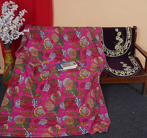Organic Cotton King Kantha Quilting Bedspreads Throw Floral Printed Blanket Bohemian Bedspread Handmade Quilt