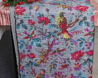 Vogel Print Kantha Quilt, indischer handgemachter Baumwollüberwurf, Boho Tagesdecke