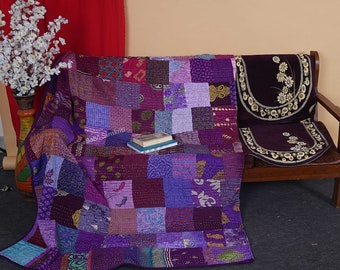 Coperta patchwork sari indiano fatta a mano Kantha biancheria da letto king size coperta da tiro copriletto trapuntato trapunte hippie in vendita