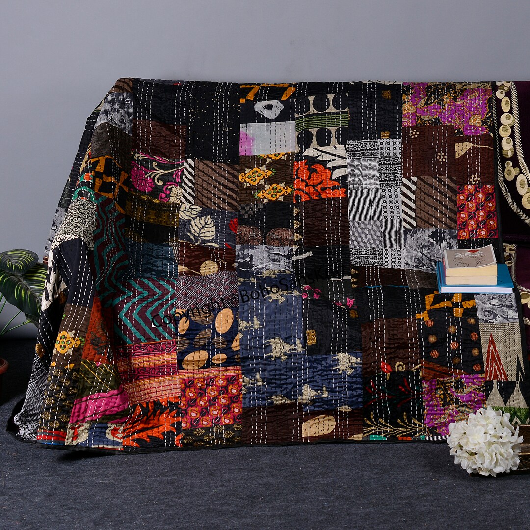 Recycled Indian Sari Silk Patchwork Blankethandmade Kantha Etsy