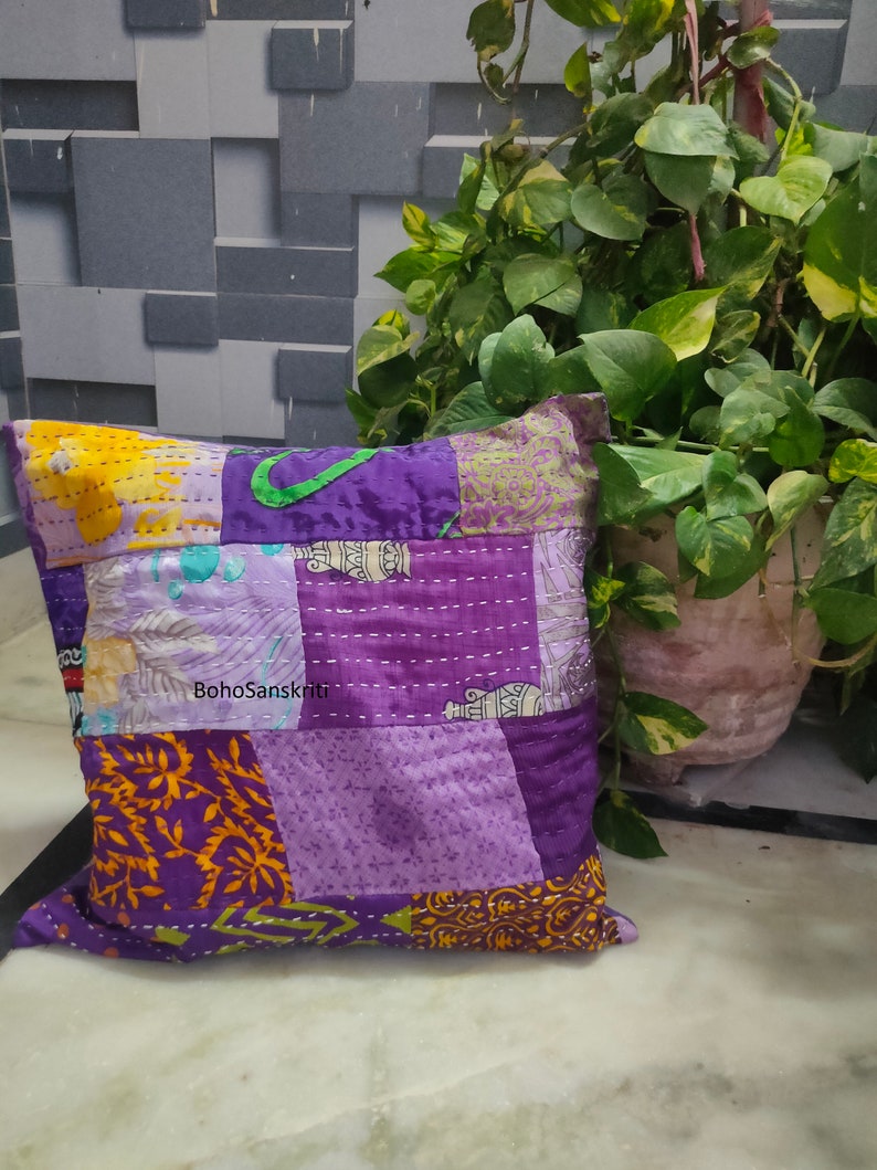 Indian decorative pillows kantha cushion cover 16x16 pillow cover cushions cover Handmade Silk Patchwork Cushions Covers Purple