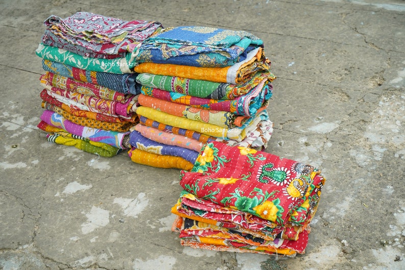 Wholesale Lot Of Indian Vintage Kantha Quilt Handmade Throw Reversible Blanket image 7