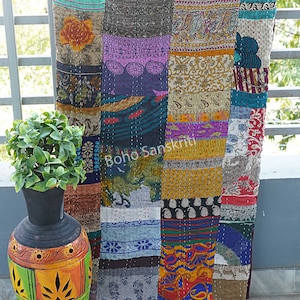 Bohemian Indian Silk Patchwork Kantha Quilt Boho Throw Blanket Bedspread Quilting Bedding Hippie Comforter Queen Handmade Quilts Vintage Multi