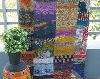 Boho Indischen Seide Patchwork Kantha Quilt Boho Decke Tagesdecke Quilting Bettwäsche Hippie Tröster Queen Handmade Quilts Vintage