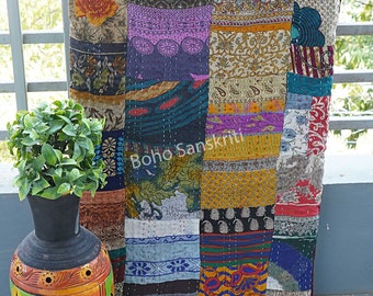 Handmade Bohemian Silk Patchwork Kantha Comforter Quilt: Vintage Sari Boho Throw Blanket Bedspread