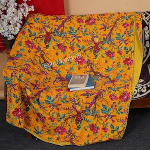 Indian new design Twin Gudri Handmade Quilt Bird/Floral Print Kantha Spread Throw Cotton Blanket Bed Cover