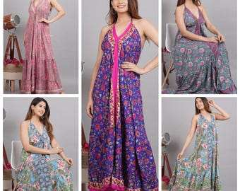 Bohemian Floral Print Silk Halter Dress - Beach Outfit
