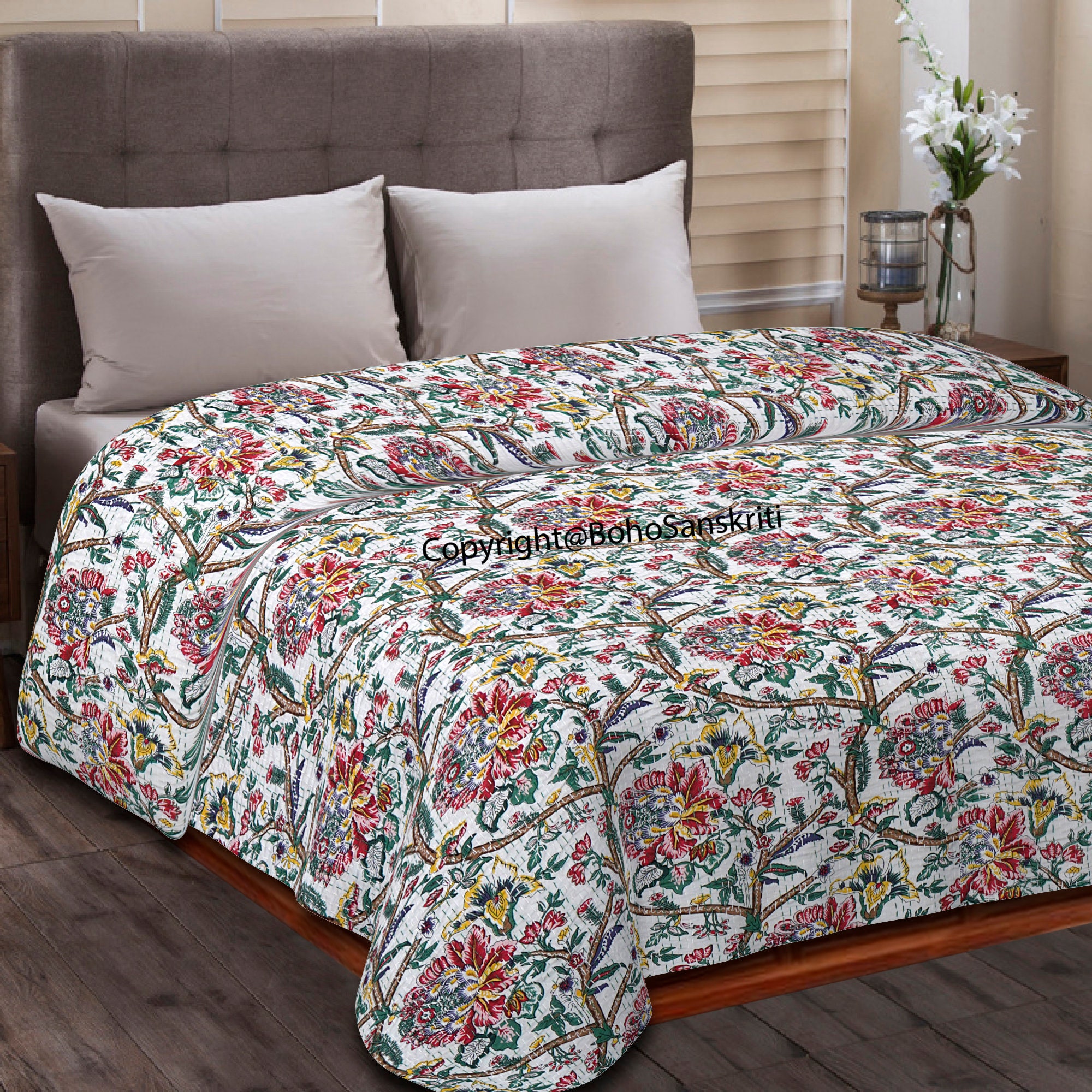 Indian Quilt New floral Print Kantha Bed Throw King Size Etsy