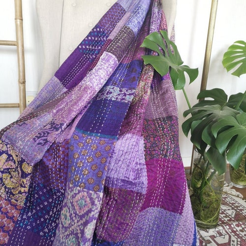 Indian Handmade Silk sari Kantha Floral Quilt Throw Blanket Bedspread Vintage throw