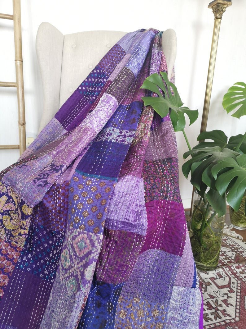 Patola kantha Queen Long Dupatta-Multi Patch Work Bohemian Gypsy Stoles-Vintage Silk Sari Made Stole-Reversible Kantha Handmade Dupatta