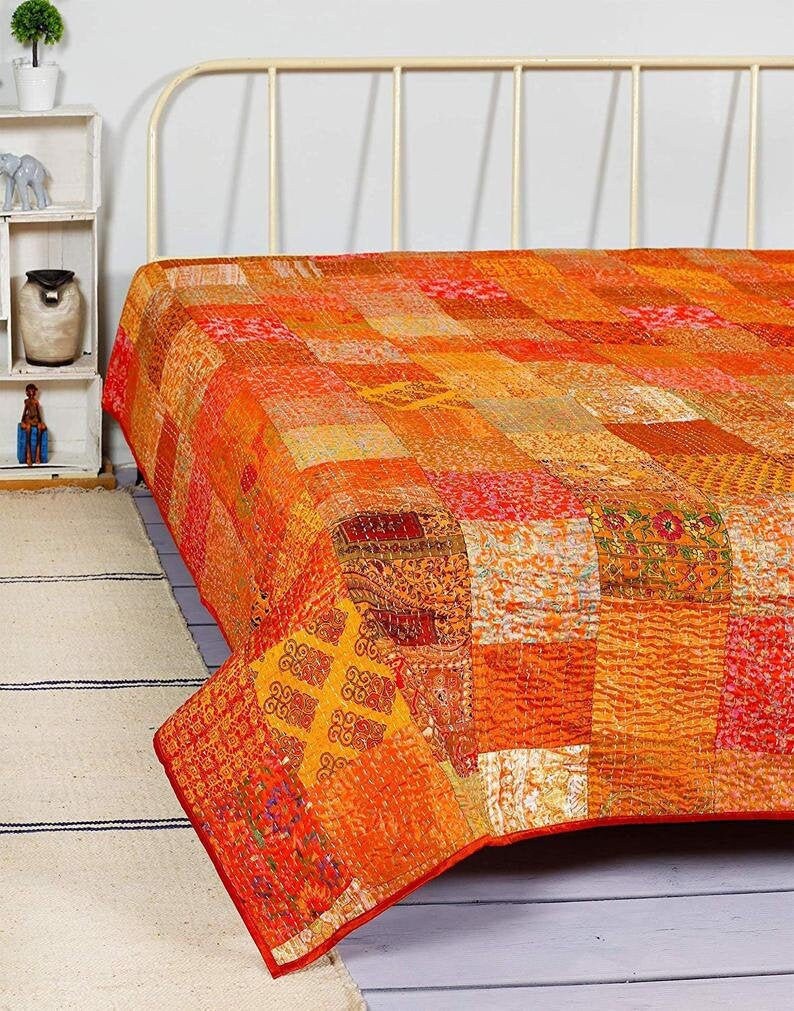 Bohemian Patchwork Quilt Kantha Quilt Handmade Vintage Quilts Etsy