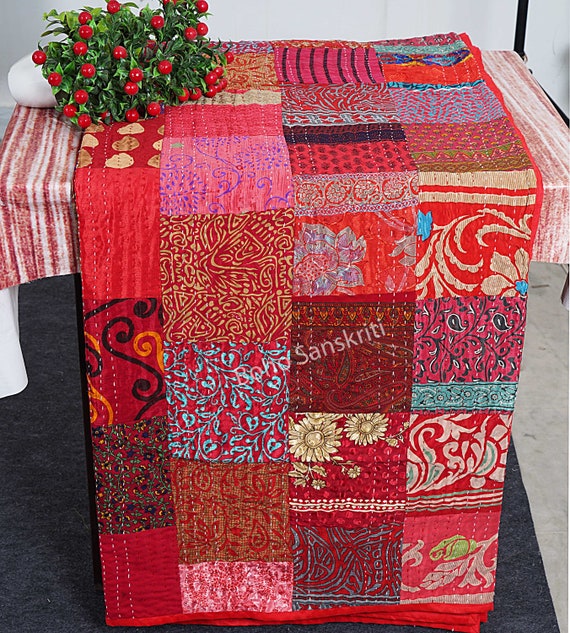 Vinsan Home Indian Patchwork Kantha Trapunta, copriletto in seta patola Kantha reversibile copriletto vintage cucito a mano, coperta decorativa da spiaggia (king size 274,3 x 274,3 cm, turchese
